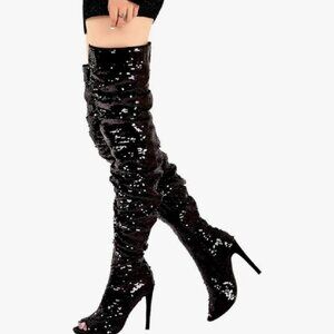 Sequin Thigh High Heel Boots